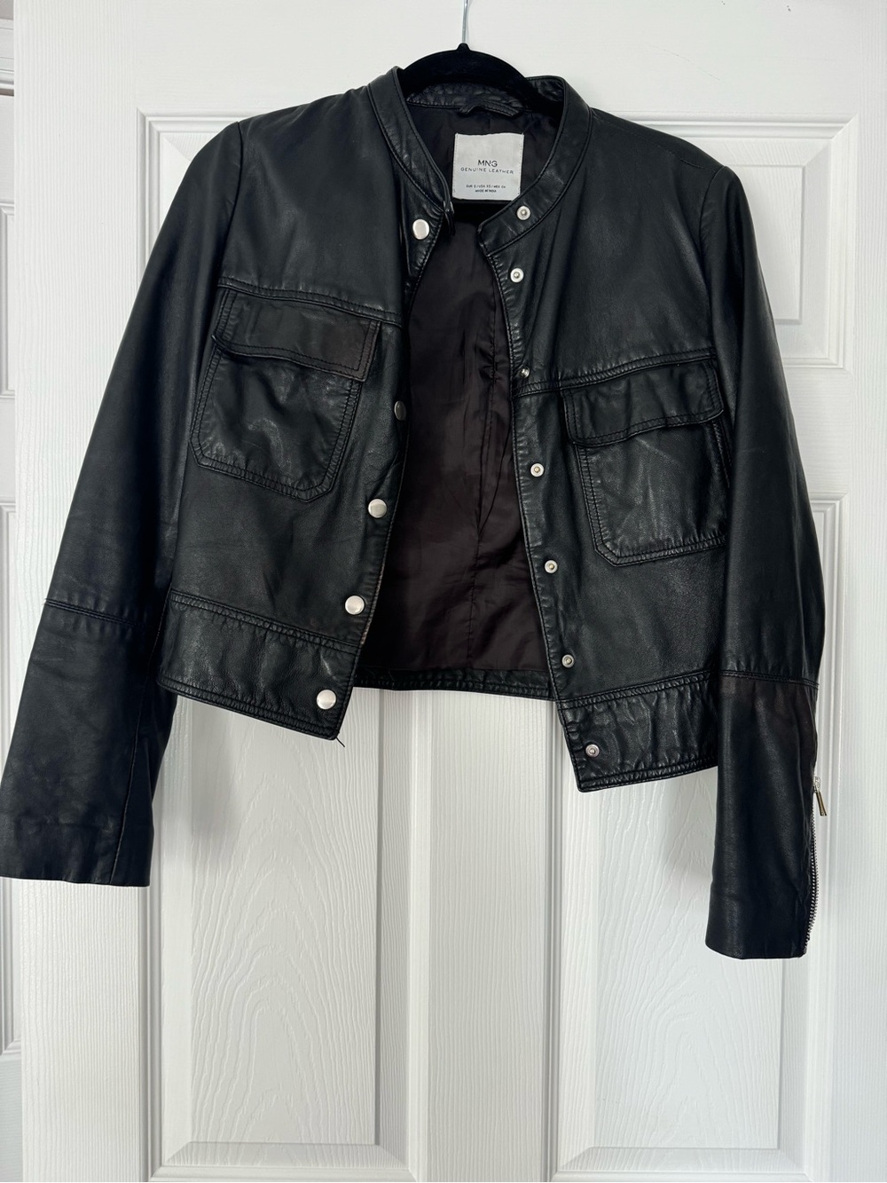 MANGO Black Leather Snap-Front Jacket